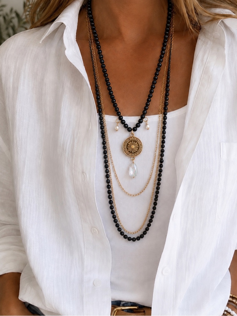 Boho Layered Black Bead & Gold Necklace “Focus on the Good” Pendan